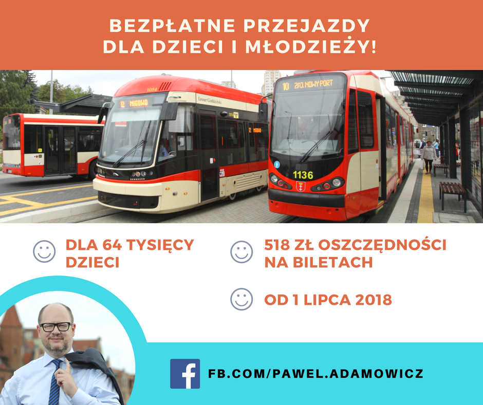 Bezpłatna komunikacja miejska w Gdańsku dla dzieci i młodzieży - Paweł Adamowicz