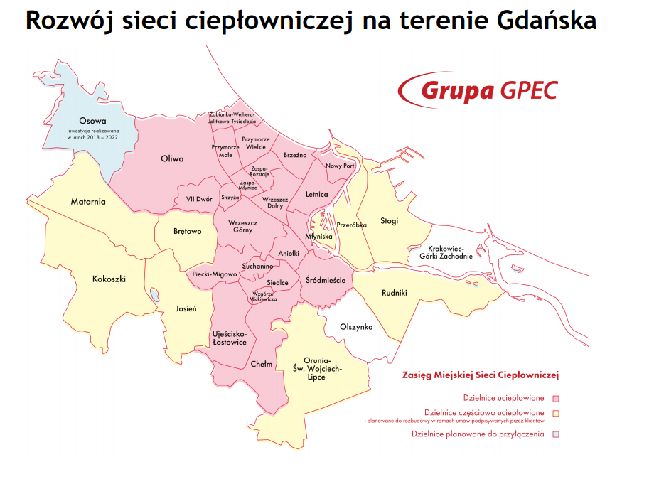 Mapa zasięgu sieci ciepłowniczej w Gdańsku
